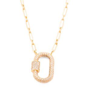 14k Gold Plated Long Link Pave Cz  Lock Necklace
